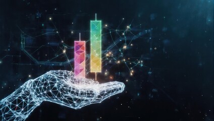 Futuristic polygonal hand holding vibrant glowing stock market candlestick chart against digital data background