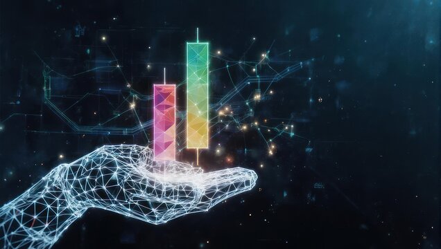Futuristic polygonal hand holding vibrant glowing stock market candlestick chart against digital data background