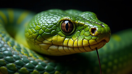 Fototapeta premium A striking close-up of a green snake with beautiful scales and a forked tongue flickering out