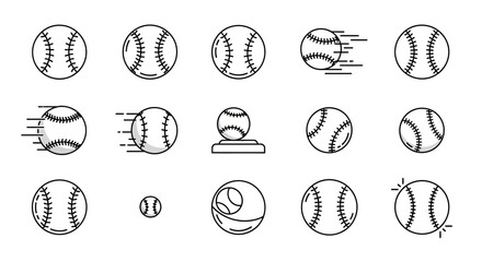 A diverse set of monochrome line art icons depicting baseballs in various states, including motion, static, and stylized designs.