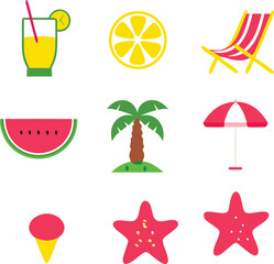 Summer icons featuring drinks fruit beach chairs and other vacation elements