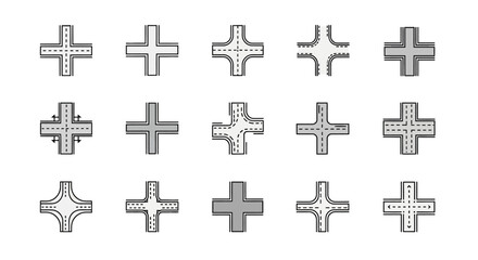 Obraz premium Collection of simple grayscale road intersection icons.