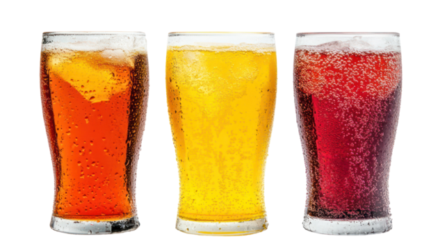 Three Soft Drink Varieties — Dark Cola, Bright Citrus, and Lemon-Lime on White Background