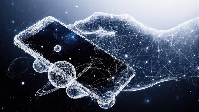 Stunning digital hand cradles futuristic smartphone surrounded by celestial bodies, representing innovation and cosmic connectivity