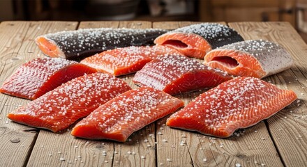 Raw orange-red fish fillets and whole pieces with skin heavily salted rest on a rustic wooden table