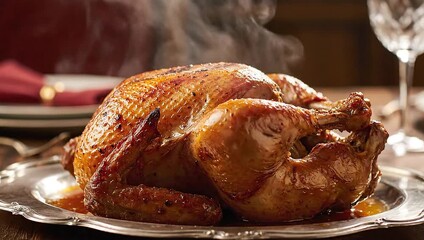 The steam rises from a golden brown roasted bird, the centerpiece of a festive meal awaiting Thanksgiving turkey carving