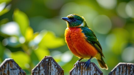Fototapeta premium Colorful bird vibrant plumage perched on wooden fence green background nature sunlight peaceful close up outdoors wildlife