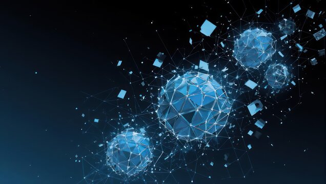 Abstract network of glowing blue geometric spheres and particles on a dark background, representing data connection and digital innovation. - Powered by Adobe
