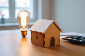 Housing Energy Efficiency: A miniature wooden house model stands beside a lit incandescent bulb.