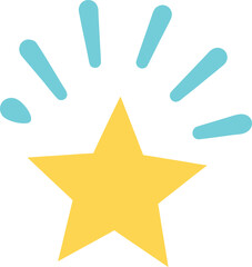 A bright yellow star with radiating light bursts in teal and blue