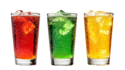 Three Sparkling Soft Drinks in Different Shades — Red, Amber, and Green on Transparent Background