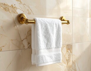 "Close-up of a neatly folded hand towel hanging on a chrome towel ring in a luxury marble bathroom. Focus on fine cotton texture, soft natural shadows, and clean neutral tones. 1:1 ratio, HD quality."