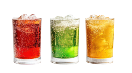 Three Sparkling Soft Drinks in Different Shades — Red, Amber, and Green on Transparent Background