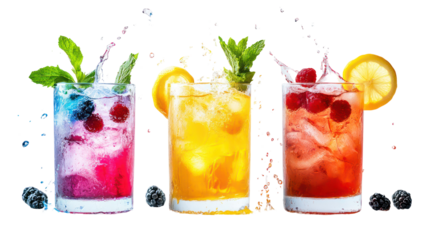 Three Vibrant Mocktails with Dynamic Liquid Splash Around the Glasses on Transparent Background