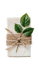 A rectangular, off-white bar of soap tied with a light brown twine, featuring a sprig of vibrant green leaves