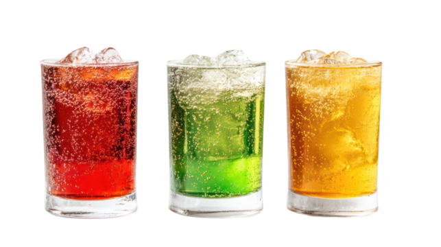 Three Sparkling Soft Drinks in Different Shades — Red, Amber, and Green on Transparent Background