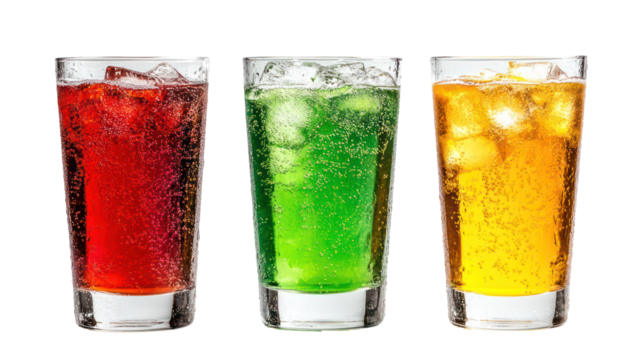 Three Sparkling Soft Drinks in Different Shades — Red, Amber, and Green on Transparent Background