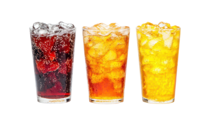 Trio of Soft Drinks — Cola, Orange Soda, and Lemon-Lime Bubbles on Transparent Background