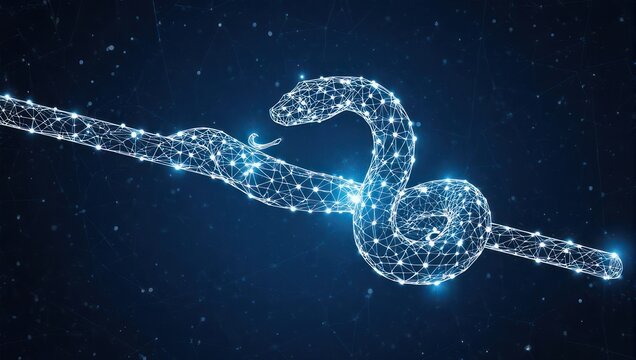 Dynamic digital serpent entwined with glowing network wire, symbolizing cybersecurity and advanced technology