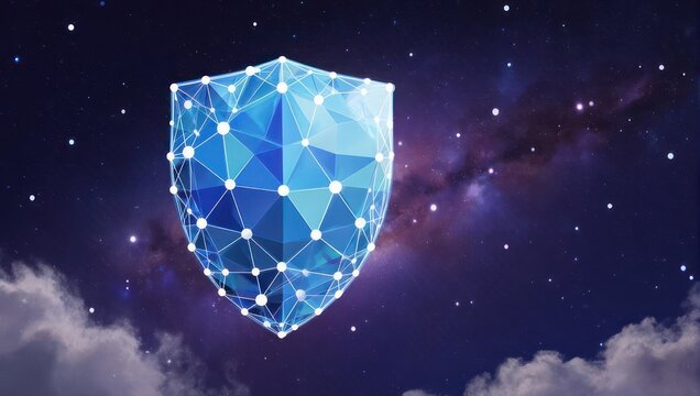Dynamic digital shield emerges from starry cosmos, symbolizing protection, cybersecurity, and future innovation in a vibrant, abstract universe.