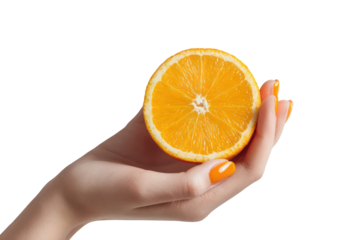 Woman’s Hand Gently Holding a Fresh Orange Sliced in Half on Transparent Background