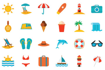 Colorful summer vacation icons featuring beach sun and travel elements