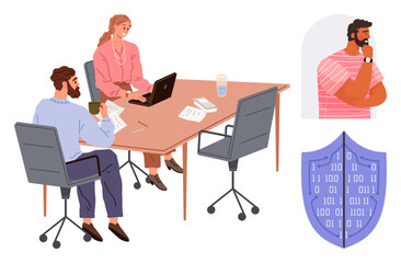 Office team discussing documents at a desk with laptops, a remote colleague communicating, and a shield symbolizing data security. Ideal for teamwork, remote work, cybersecurity, data protection