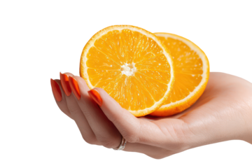 Woman’s Hand Gently Holding a Fresh Orange Sliced in Half on Transparent Background