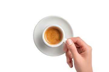 Woman’s Hand Holding a Ceramic Cup of Espresso with Saucer on Transparent Background