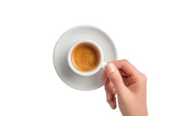 Woman’s Hand Holding a Ceramic Cup of Espresso with Saucer on Transparent Background