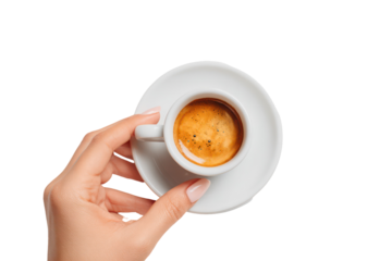 Woman’s Hand Holding a Ceramic Cup of Espresso with Saucer on Transparent Background