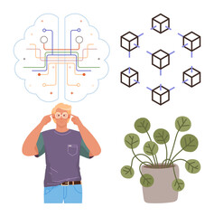 Man adjusting glasses beneath brain circuit map, connected blocks representing blockchain, and indoor potted plant. Ideal for innovation, technology, mental clarity, blockchain, eco-living, balance