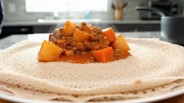 Steaming Ethiopian Doro Wat Stew Served on Injera Flatbread, Close-Up Food Preparation