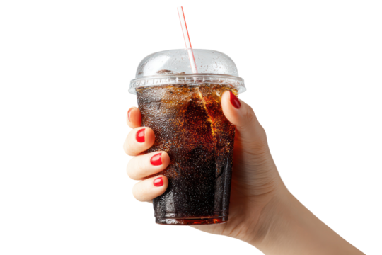 Woman’s Hand Holding a Sparkling Soda Drink in a Transparent Glass on Transparent Background