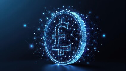 Dynamic digital currency network with glowing pound symbol, representing global finance and blockchain technology innovation