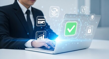 Businessman interacts with a futuristic holographic interface on a laptop, showing icons for security, finance, and process approval.