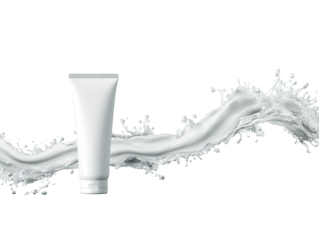 Blank tube of cream in a milk splash