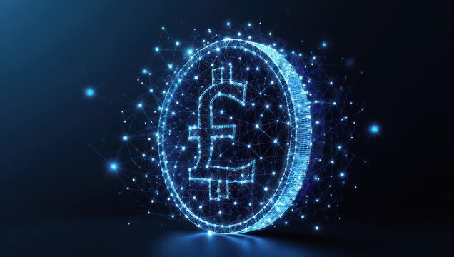 Dynamic digital currency network with glowing pound symbol, representing global finance and blockchain technology innovation