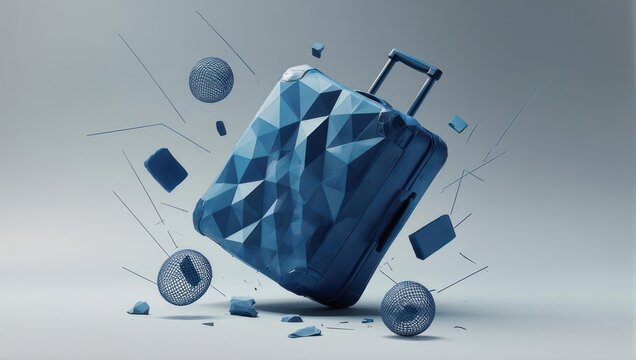 Dynamic abstract composition featuring a modern blue geometric suitcase in motion with floating spheres and lines, perfect for travel concepts.