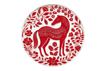 A round plate features a red horse surrounded by intricate floral patterns, showcasing artistic and decorative elements.