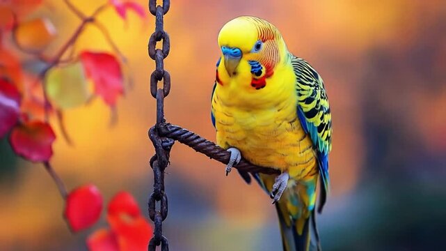 A vibrant yellow parakeet perched on a chain in an autumn setting.