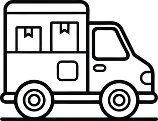 Cartoon outline of a delivery van with package symbol, black line icon.