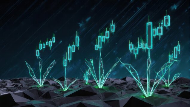 Dynamic financial growth represented by glowing digital candlestick charts blooming from a futuristic landscape, symbolizing investment success and market gains.