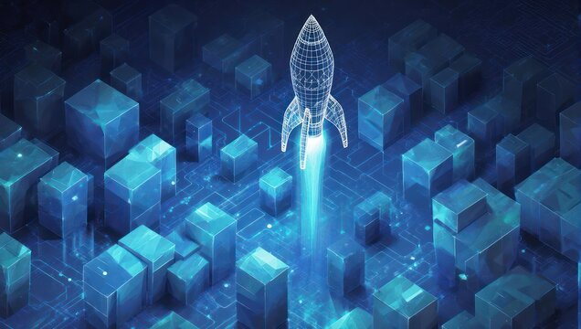 Dynamic digital rocket launch explodes through abstract data blocks symbolizing innovation and future technology breakthroughs.