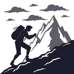 A challenging mountain climb depicts a determined hiker ascending a steep slope towards a towering peak under a cloudy sky, showcasing resilience