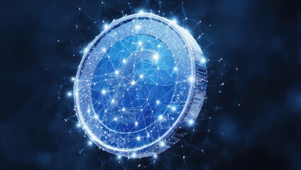 Gleaming digital coin radiates connectivity and innovation against a dark, abstract network background