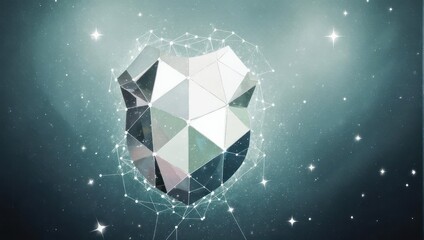 Stunning abstract geometric shield protected by a luminous digital network against a starry cosmic background, symbolizing security and innovation.