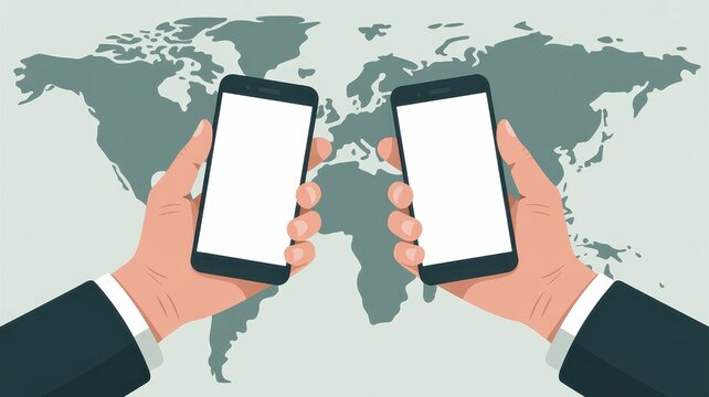 Two hands holding smartphones displaying blank screens over world map background global connection