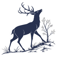 Majestic stag silhouette standing proudly on a grassy hill, its antlers reaching towards the sky, a symbol of natures beauty and wildlifes grace