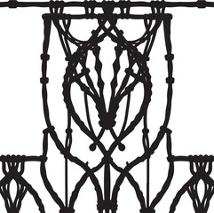 A modern flat design Vector visual of a classic black and white macrame silhouette against a white background, representing timeless elegance through simple, two-dimensional geometry.